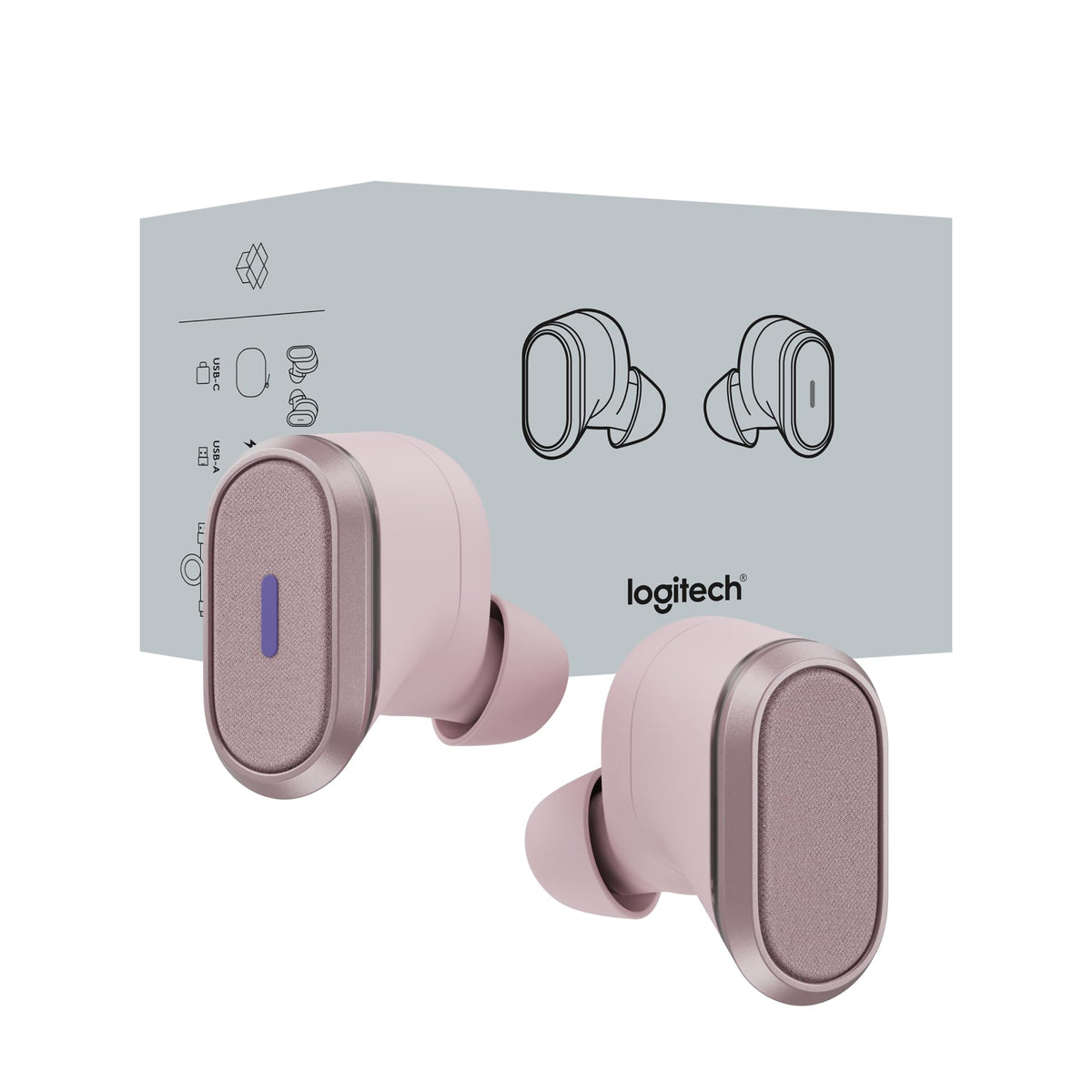 Logitech Zone Rose earbuds in case, ready for on-the-go charging and storage.