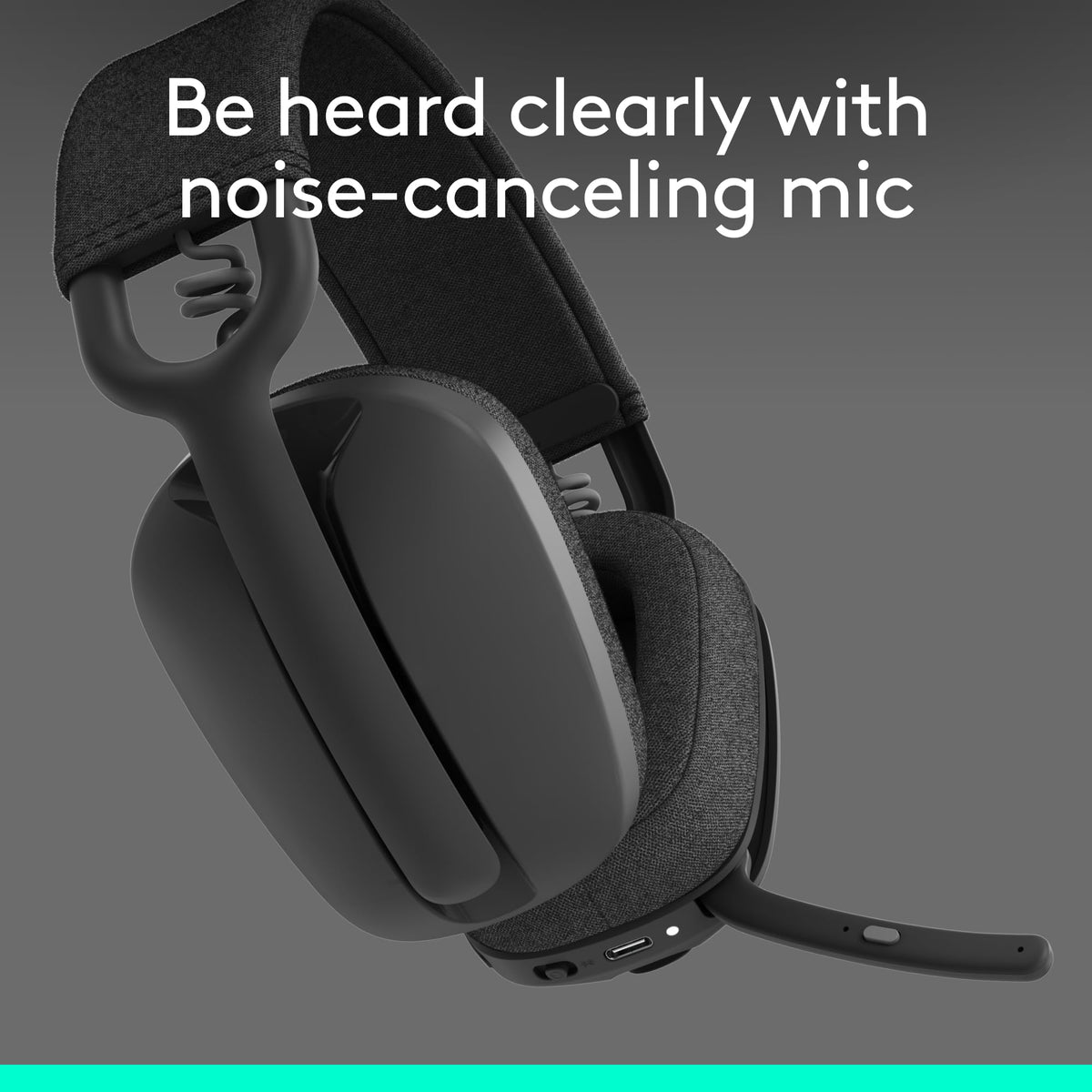 Logitech Zone Vibe 100 flip-to-mute microphone in use for privacy