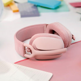 Logitech Zone Vibe 100 rose mic closeup highlighting clear voice pickup.