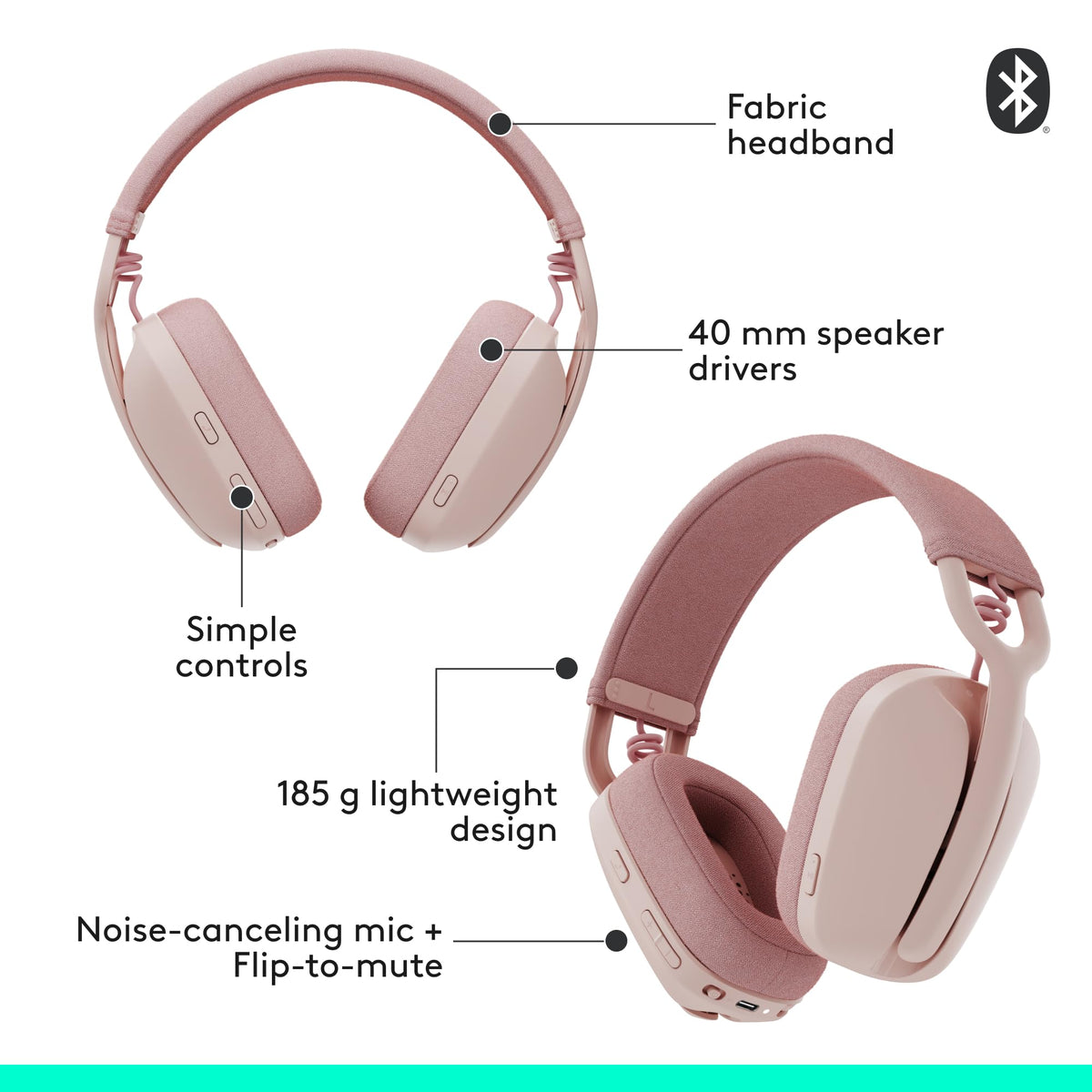Logitech Zone Vibe 100 rose noise canceling mic improves call clarity.