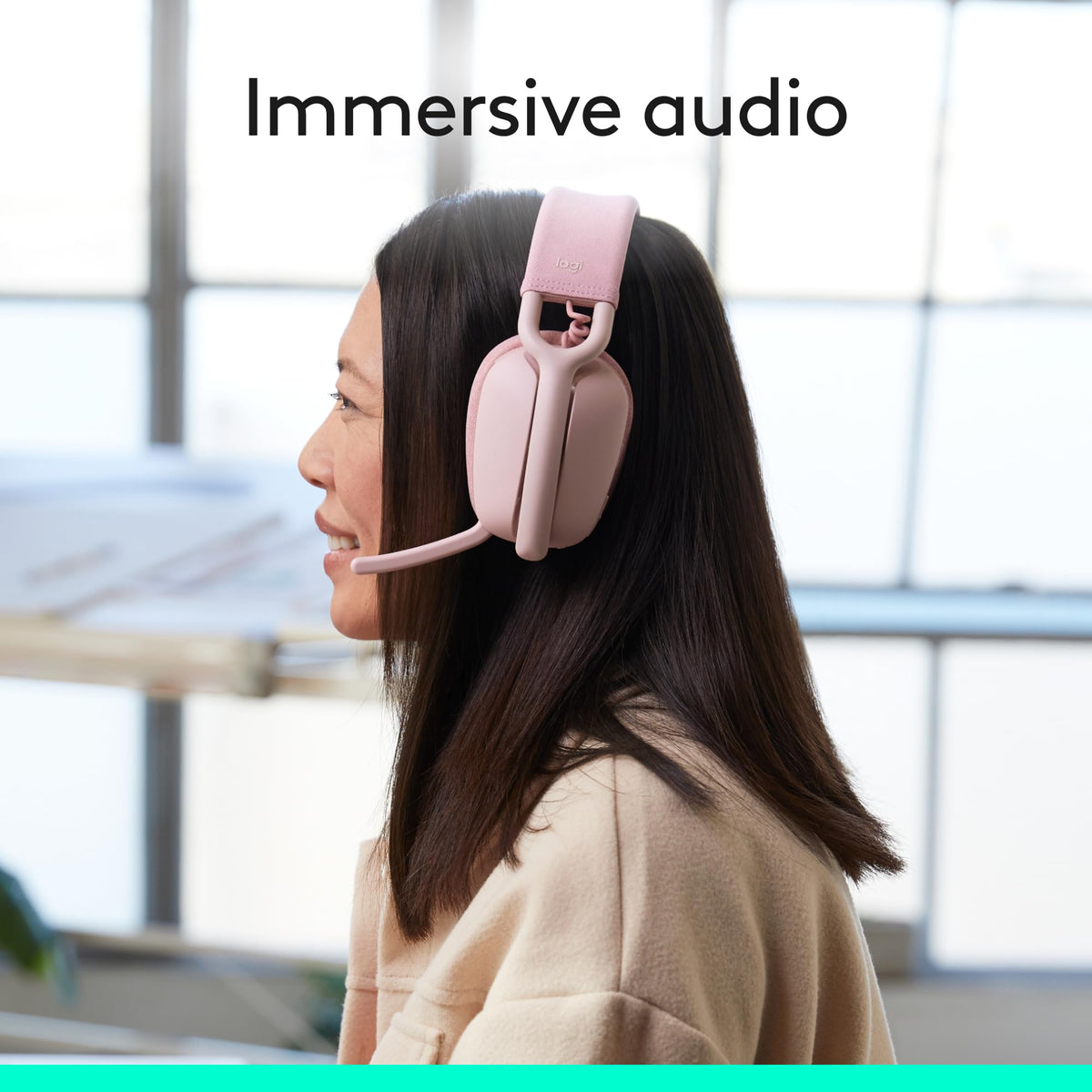 Logitech Zone Vibe 100 rose on meeting call illustrating compatibility with video meetings.