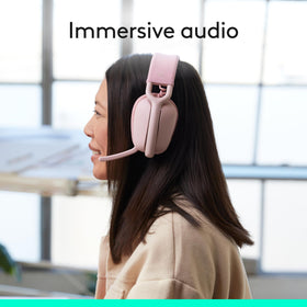 Logitech Zone Vibe 100 rose on meeting call illustrating compatibility with video meetings.