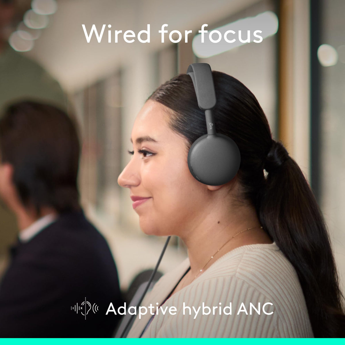 Logitech Zone Wired 2 40 mm driver close-up highlighting enhanced ANC and bass
