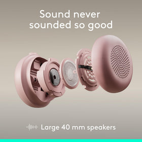 Logitech Zone Wired 2 earcups detail shows replaceable pads and plush comfort.