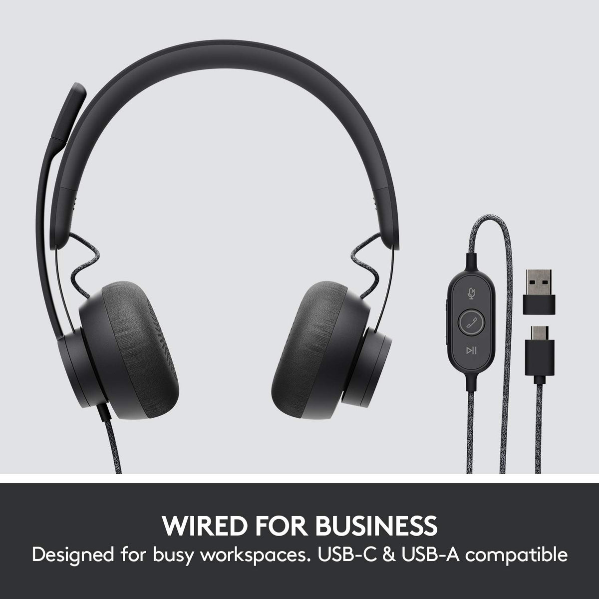 Logitech Zone Wired dual mic system reduces background noise for clearer conversations