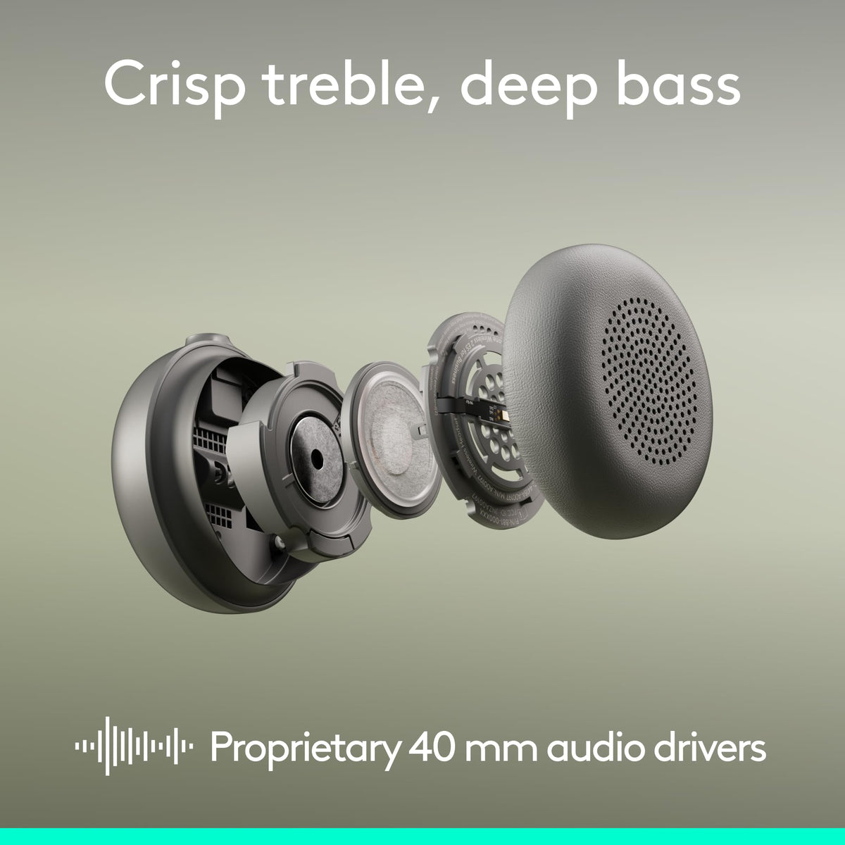 Logitech Zone Wireless 2 ES for Business driver closeup showing enhanced ANC and bass tuning.