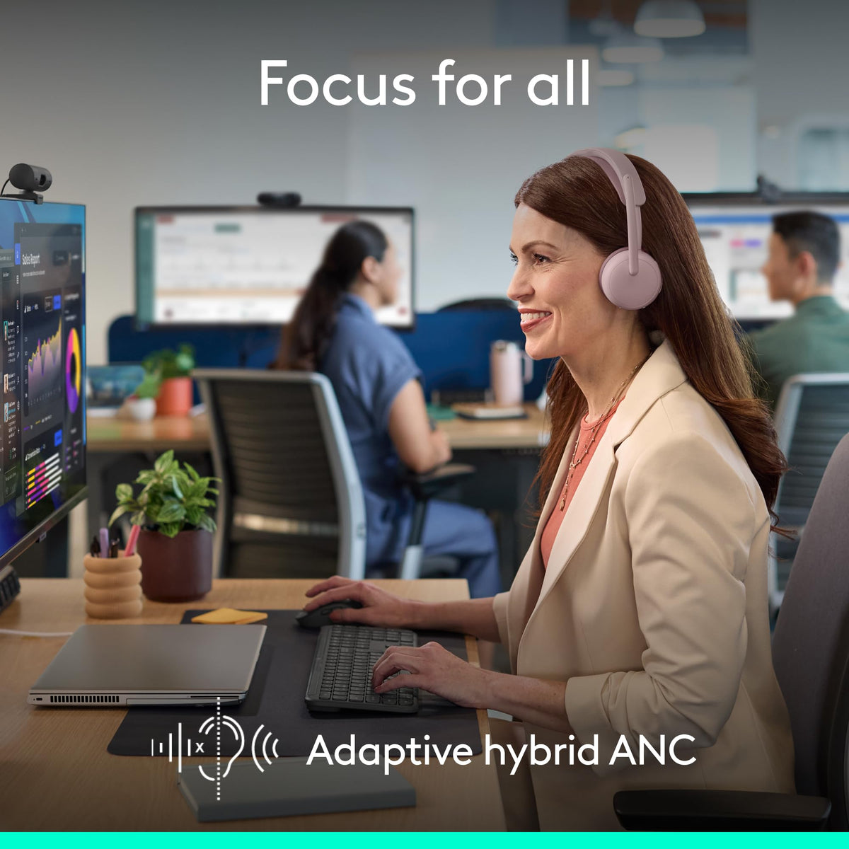Logitech Zone Wireless 2 ES for Business microphone closeup emphasizing clear speech pickup.