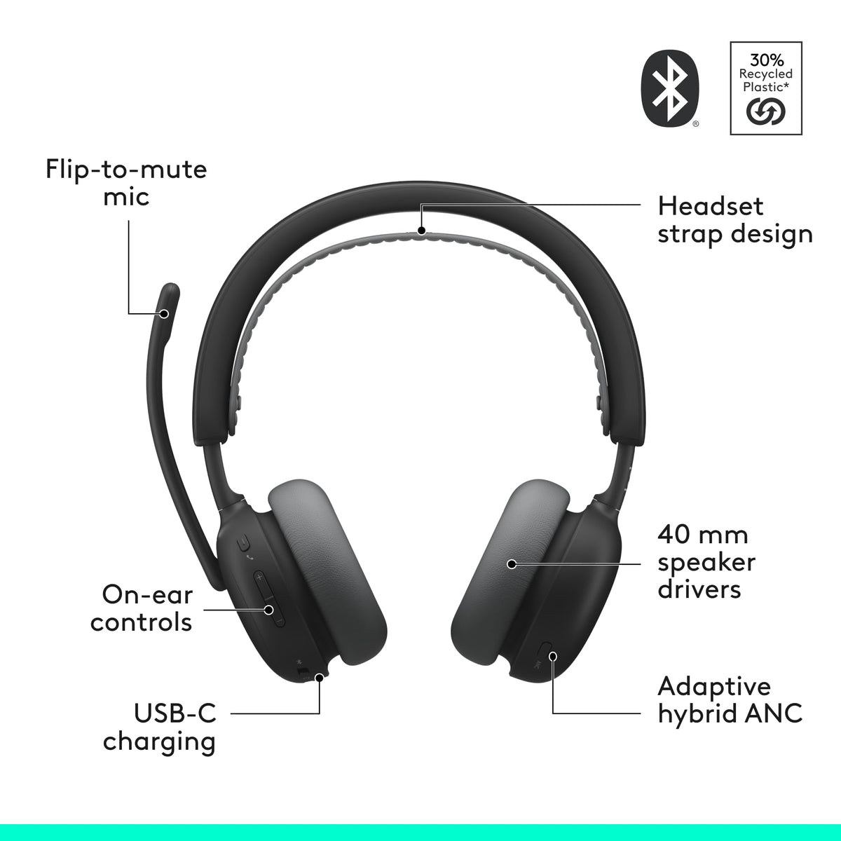 Logitech Zone Wireless 2 ES headband design, distribute weight for extended comfort.