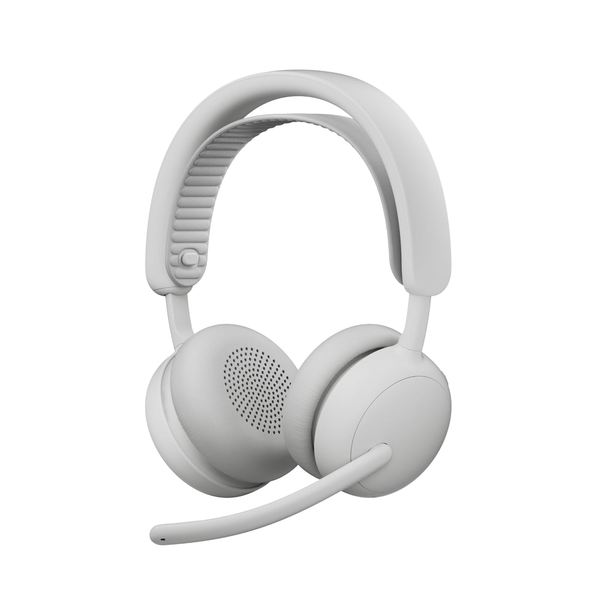 Logitech Zone Wireless 2 ES headset overview showing sleek off-white design for work and play.