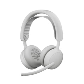 Logitech Zone Wireless 2 ES headset overview showing sleek off-white design for work and play.
