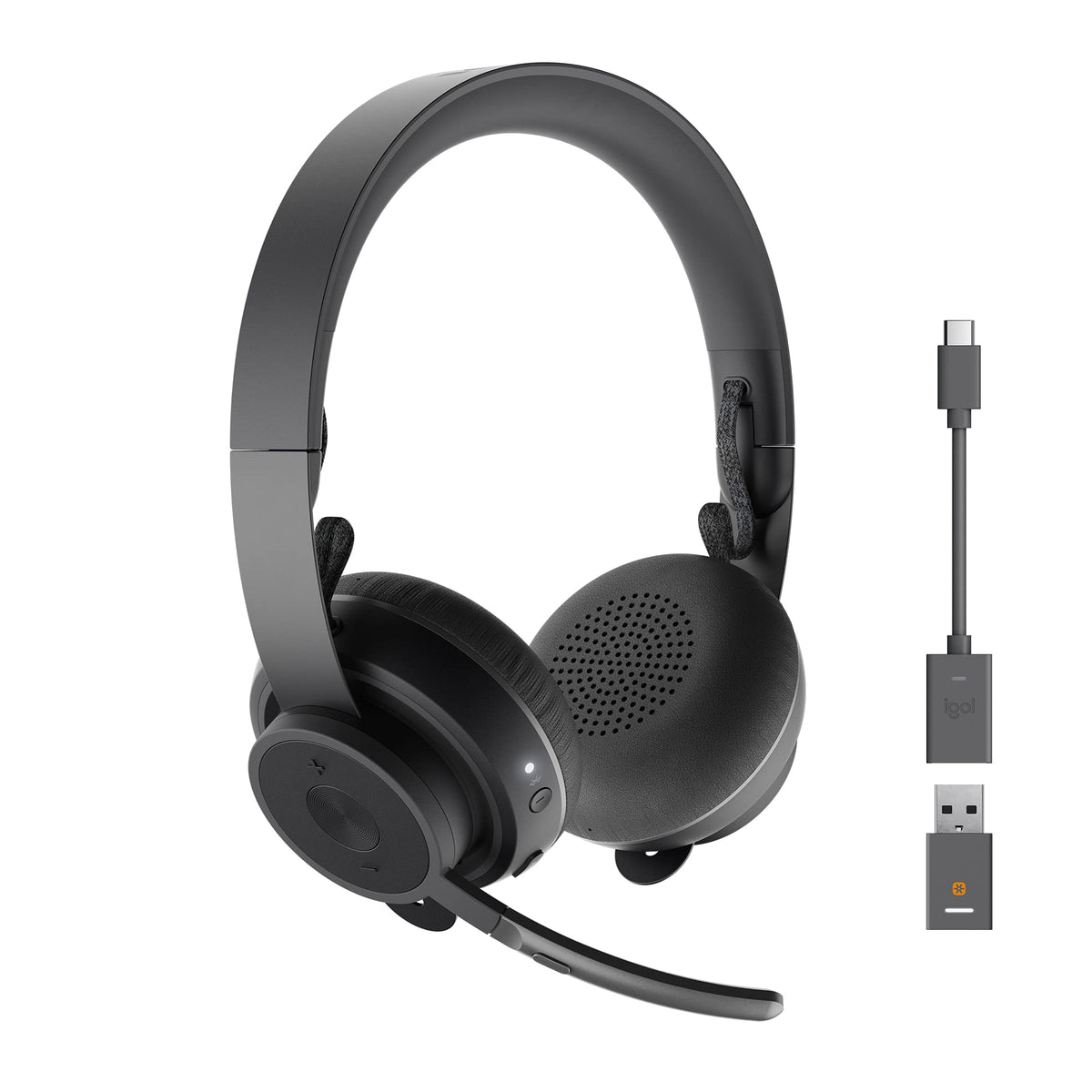 Logitech Zone Wireless Graphite front view highlights sleek design for all-day comfort.
