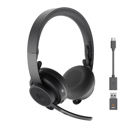 Logitech Zone Wireless Graphite front view highlights sleek design for all-day comfort.