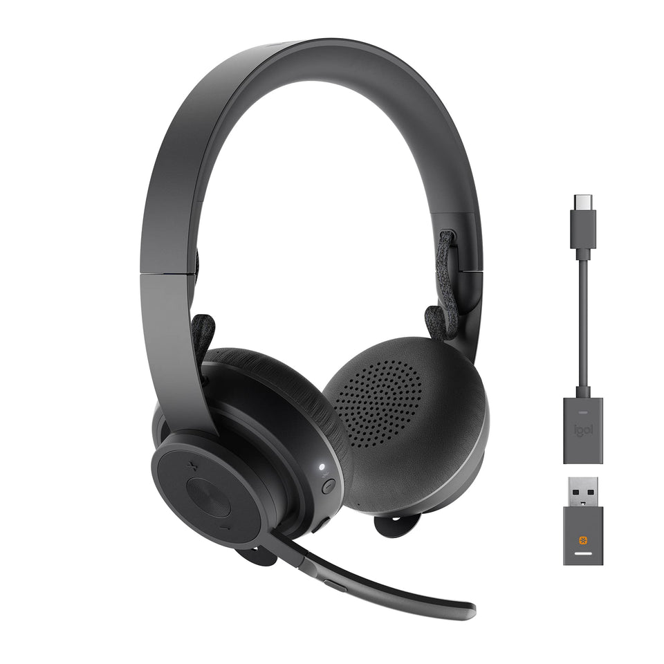 Logitech Zone Wireless Graphite front view highlights sleek design for all-day comfort.