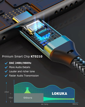 LOKUKA adapter in use with two headphones sharing high‑resolution sound