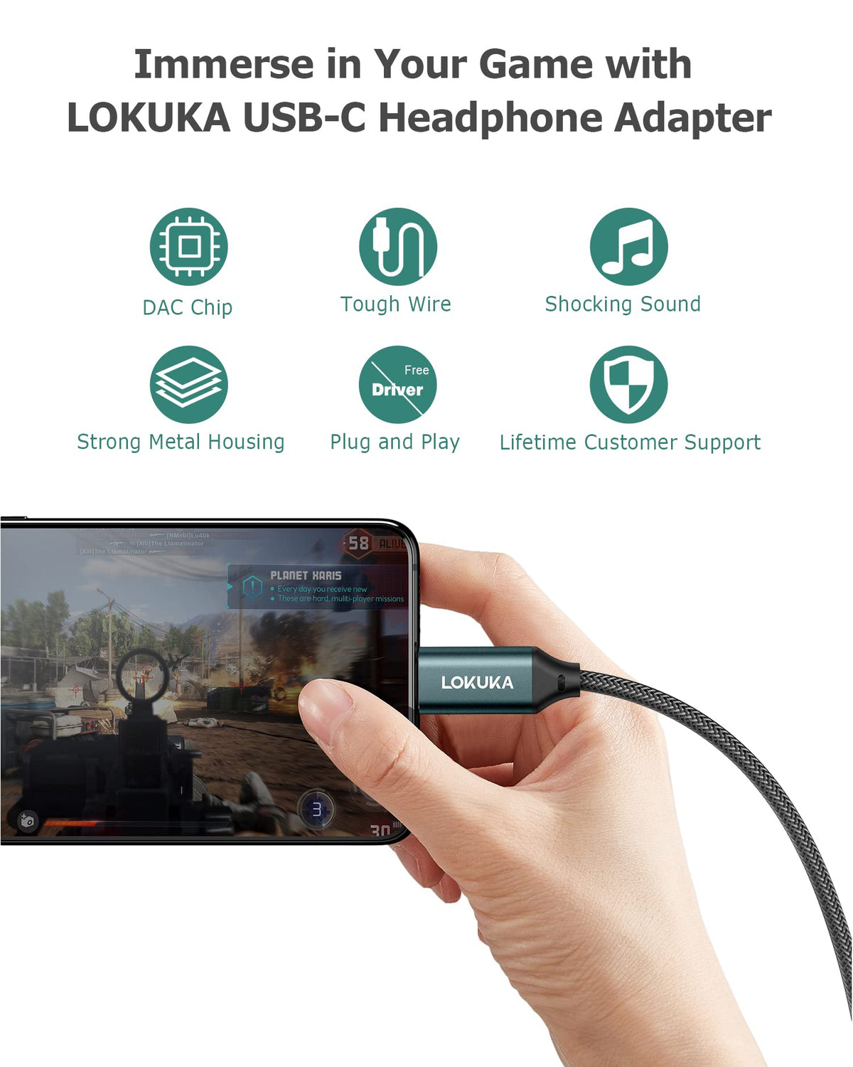 LOKUKA adapter beside smartphone to show compact scale and portability
