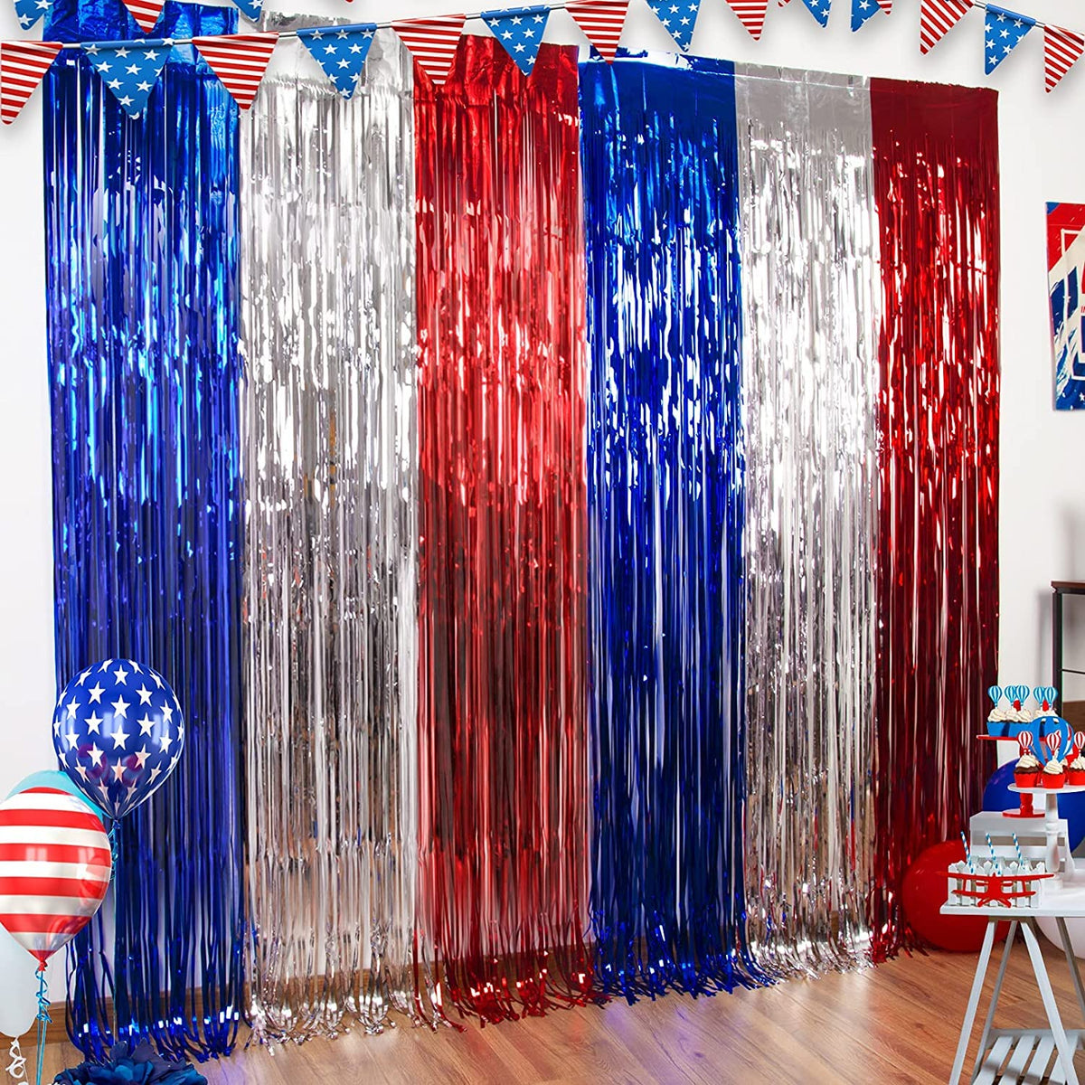LOLStar patriotic foil fringe curtain in red, white, blue for festive party backdrops