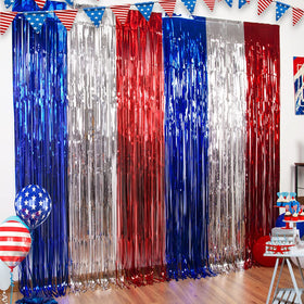LOLStar patriotic foil fringe curtain in red, white, blue for festive party backdrops