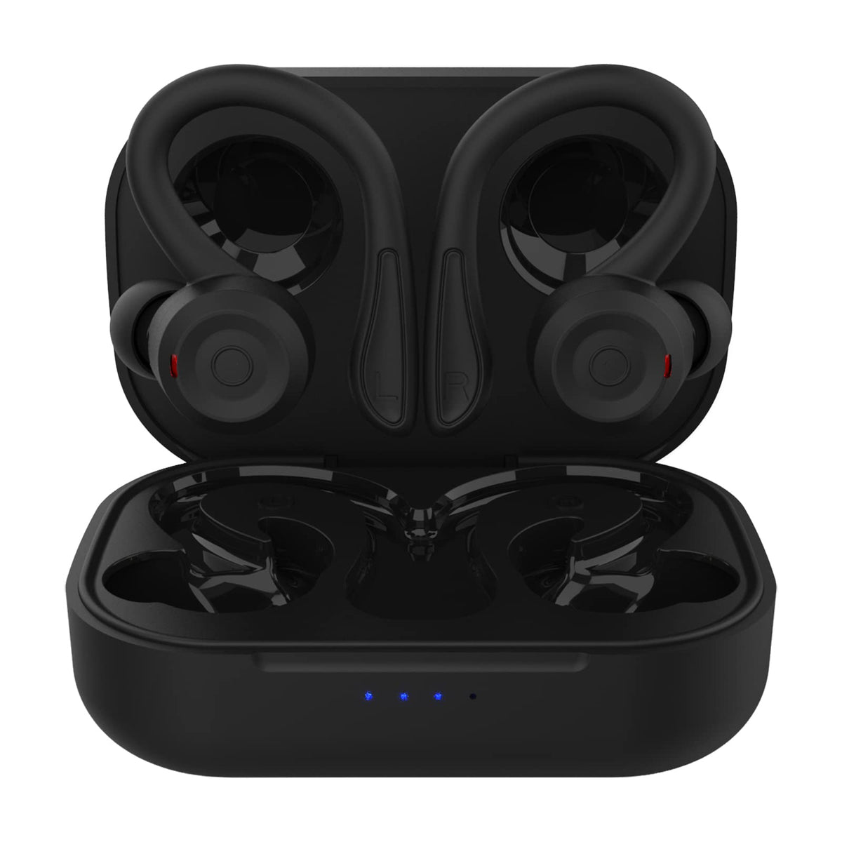 Loluka over-ear earbuds front view showing compact workout design.