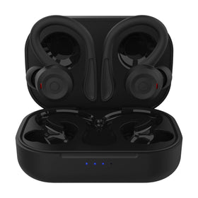 Loluka over-ear earbuds front view showing compact workout design.