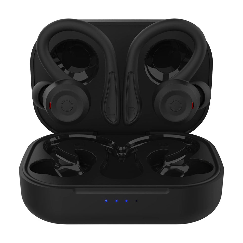 Loluka over-ear earbuds front view showing compact workout design.