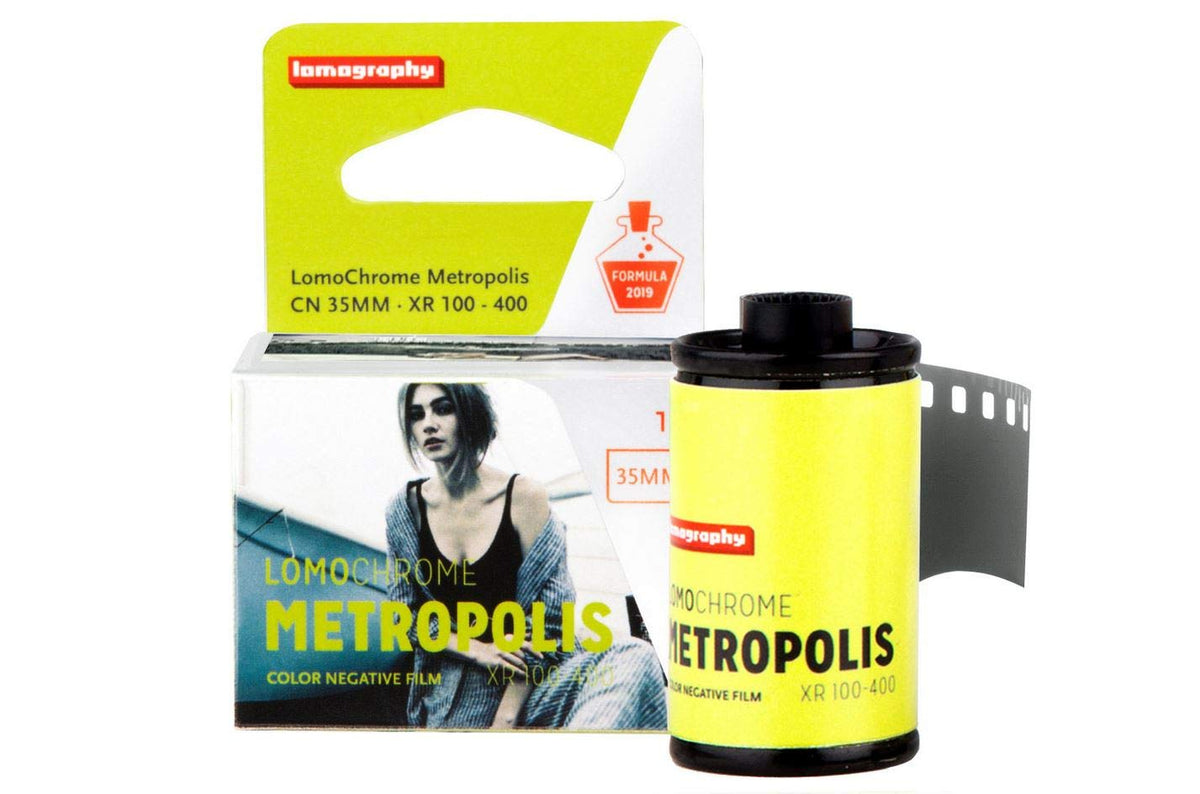 Lomography product front packaging showing film roll and branding benefit