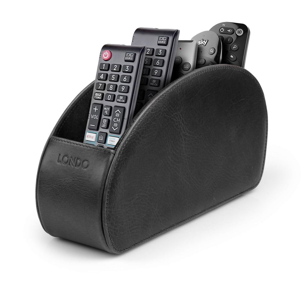 Londo front view genuine leather holder keeps remotes organized and accessible