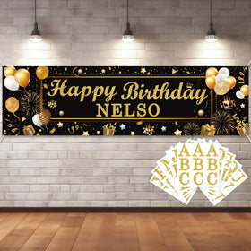 Lonfliness black and gold birthday banner backdrop for elegant celebrations.