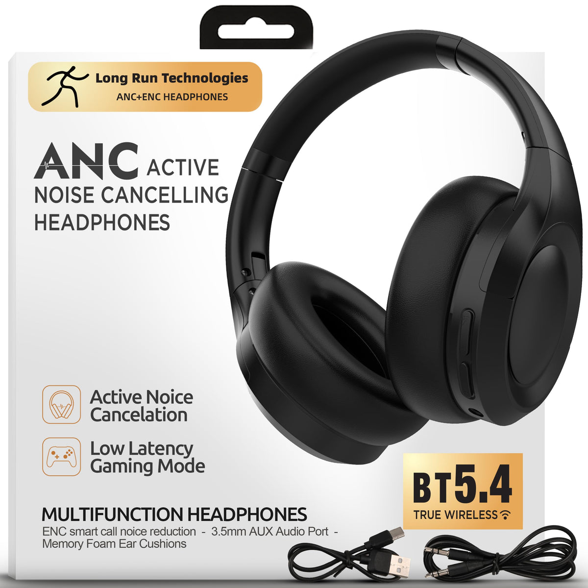Long Run Technologies ANC headphones with memory foam ear cups for all-day comfort