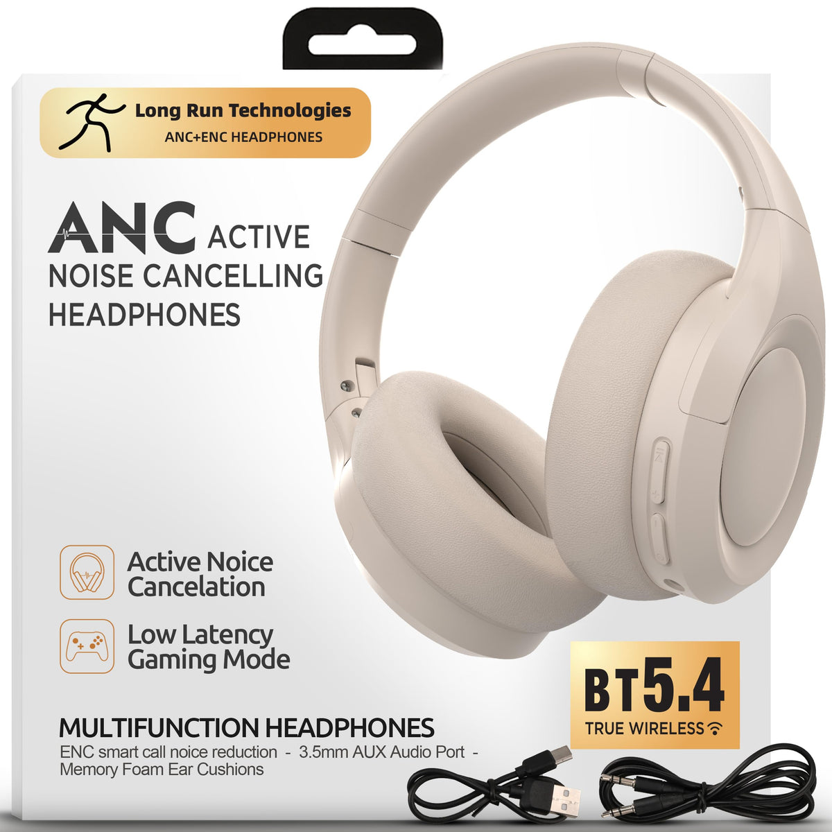 Long Run Technologies ANC headset folded for travel, ultra-portable.