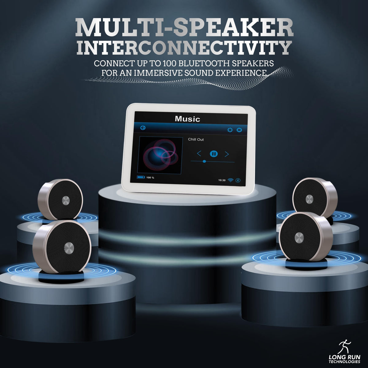 Long Run Technologies dual speakers with Bluetooth pairing enabling room-filling sound.