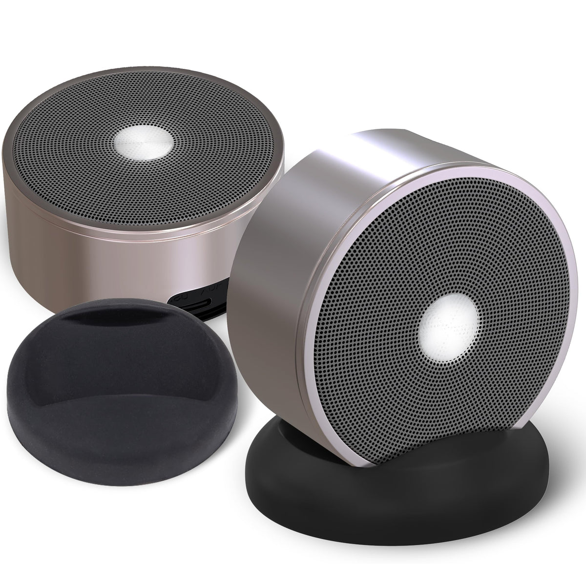 Long Run Technologies rose gold stereo desktop shot highlighting sleek design and wireless capability.
