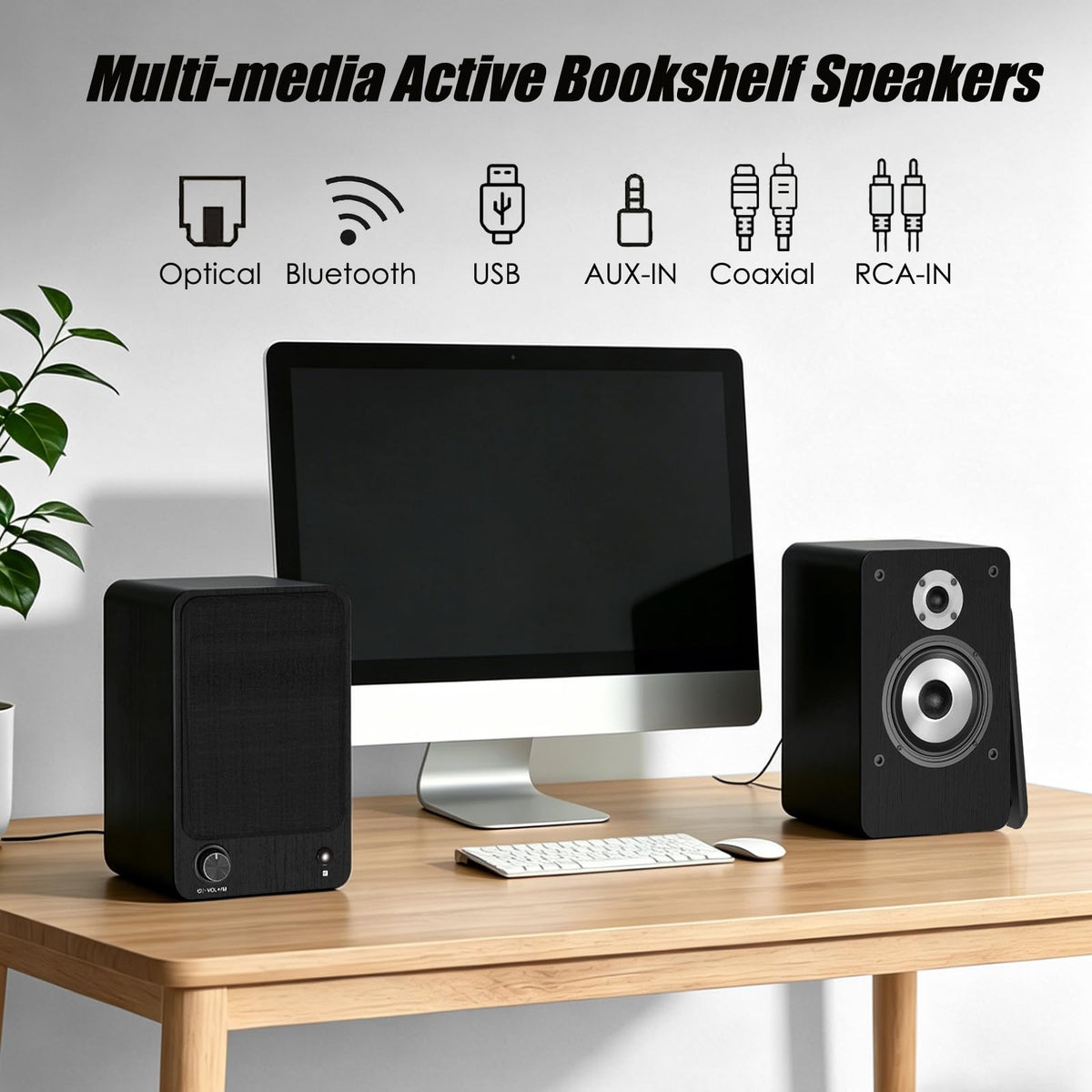LONPOO 100W speakers side view showing slim profile for space-saving setup