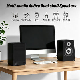 LONPOO 100W speakers side view showing slim profile for space-saving setup