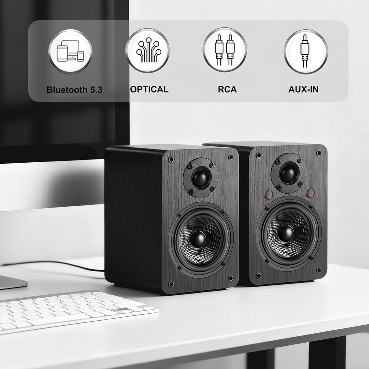 LONPOO 60W active bookshelf speakers control panel with mode indicators