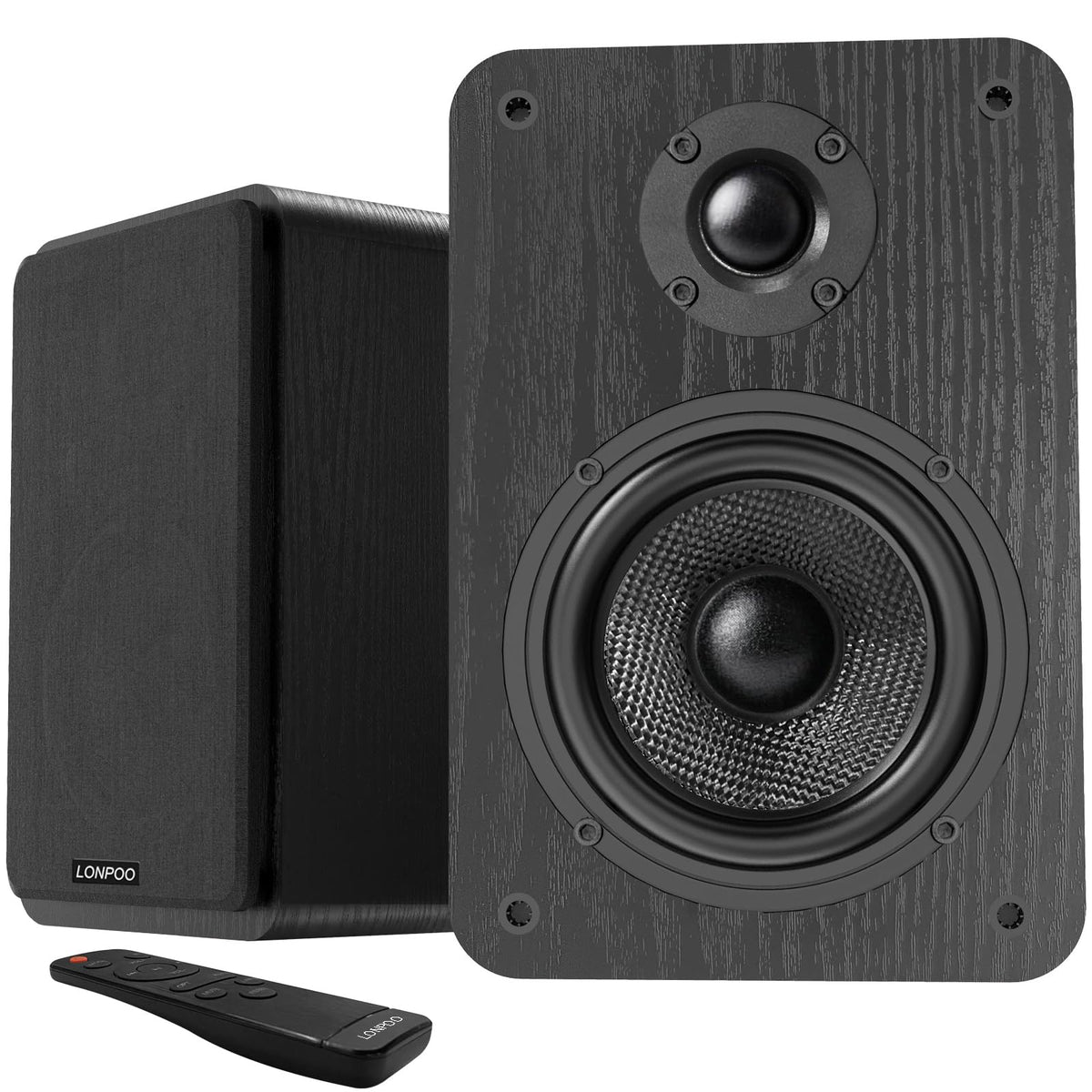 LONPOO 60W active bookshelf speakers front view, compact desk-ready design