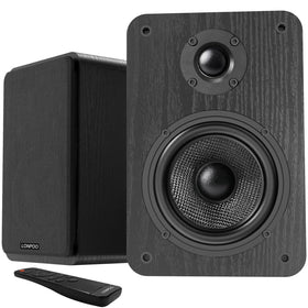 LONPOO 60W active bookshelf speakers front view, compact desk-ready design