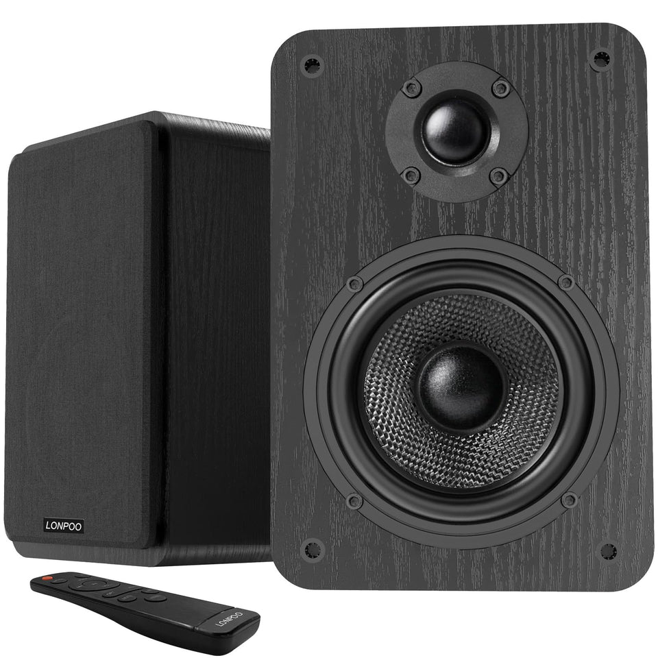 LONPOO 60W active bookshelf speakers front view, compact desk-ready design