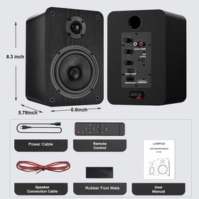 LONPOO 60W active bookshelf speakers in a living room setup for casual listening