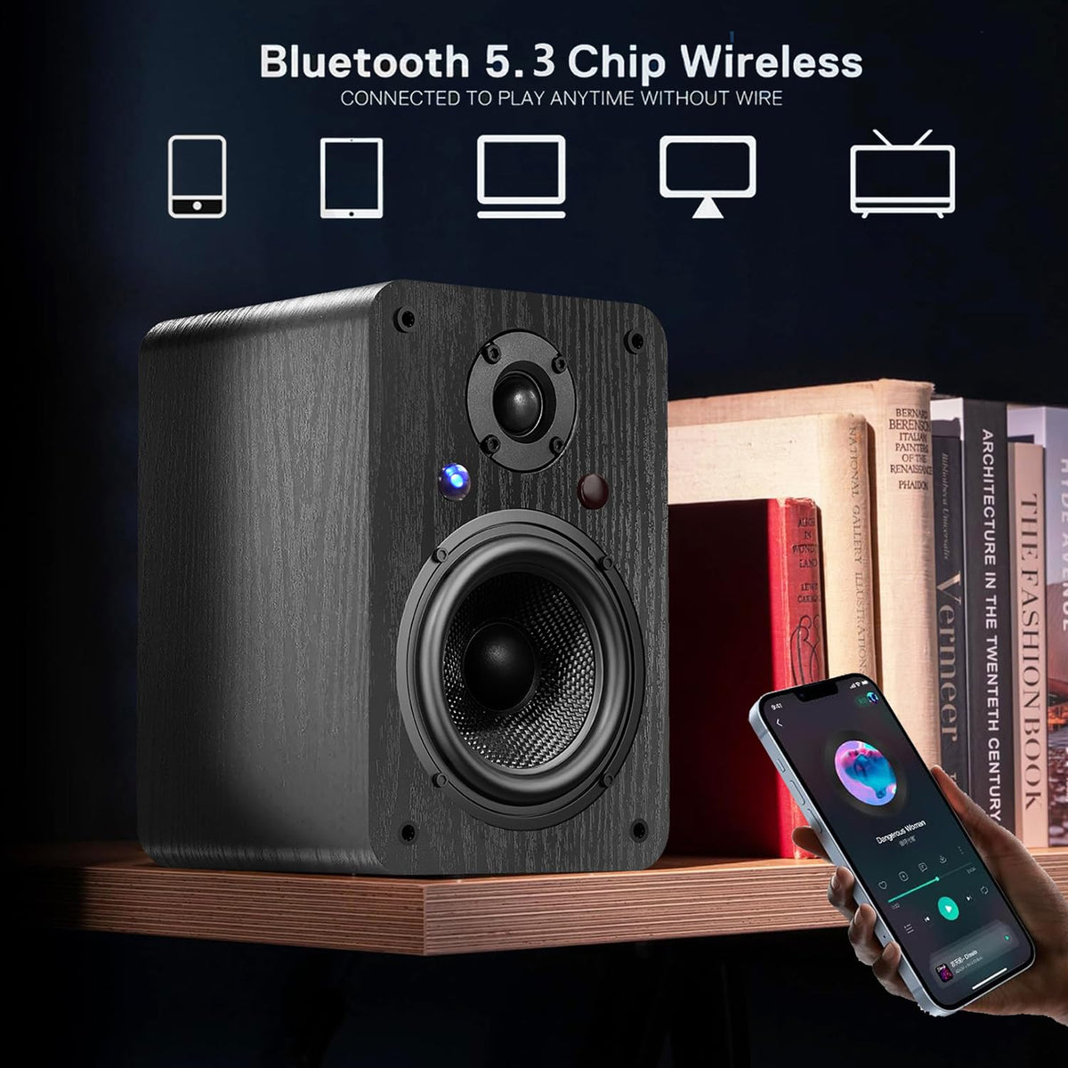 LONPOO 60W active bookshelf speakers woofer close-up showing aramid cone