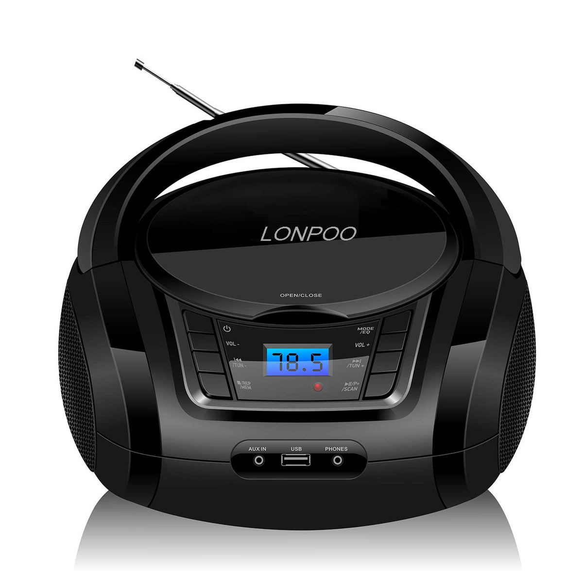 LONPOO boombox front view showing speakers and black finish for clear audio