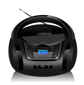 LONPOO boombox front view showing speakers and black finish for clear audio