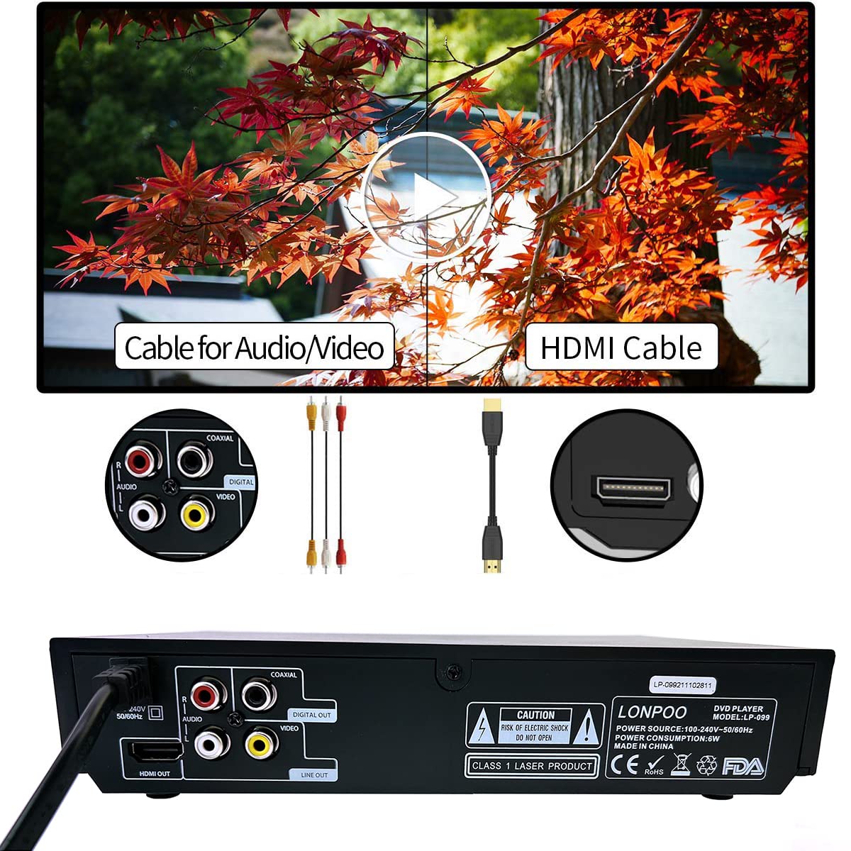 LONPOO box contents including player, cables, remote, manual, support
