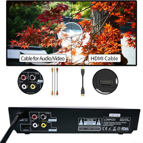 LONPOO box contents including player, cables, remote, manual, support