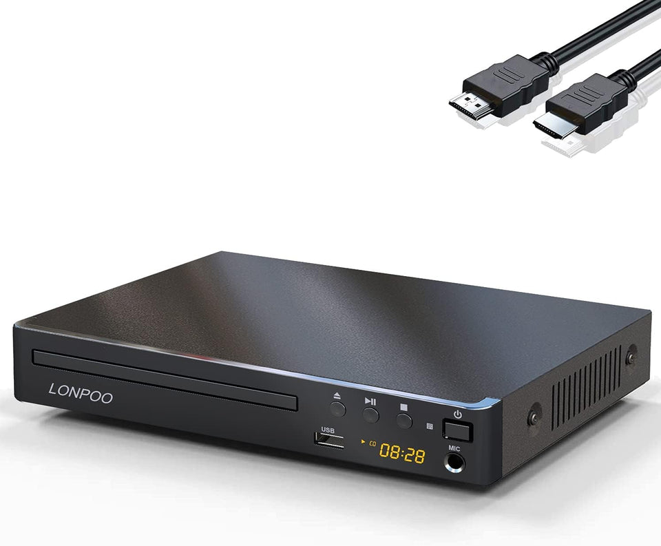 LONPOO front panel with disc tray showing easy playback controls and quick start benefit