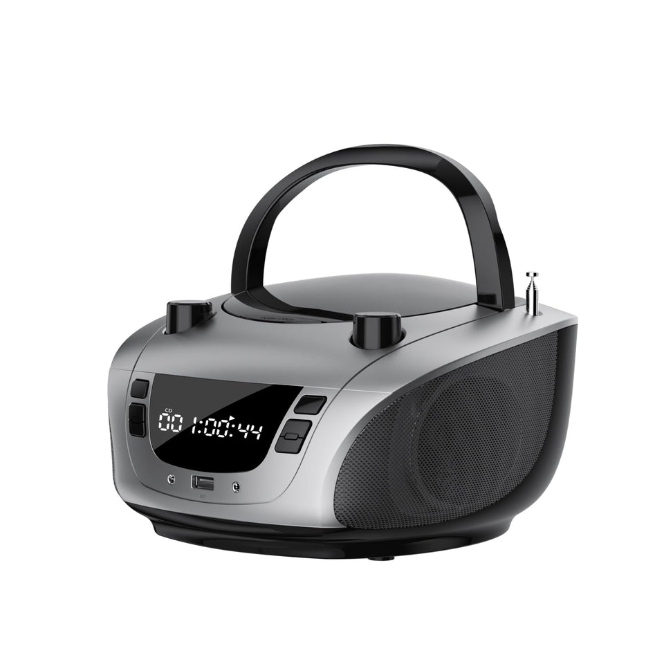LONPOO front view gray boombox showing speakers and handle, portable convenience