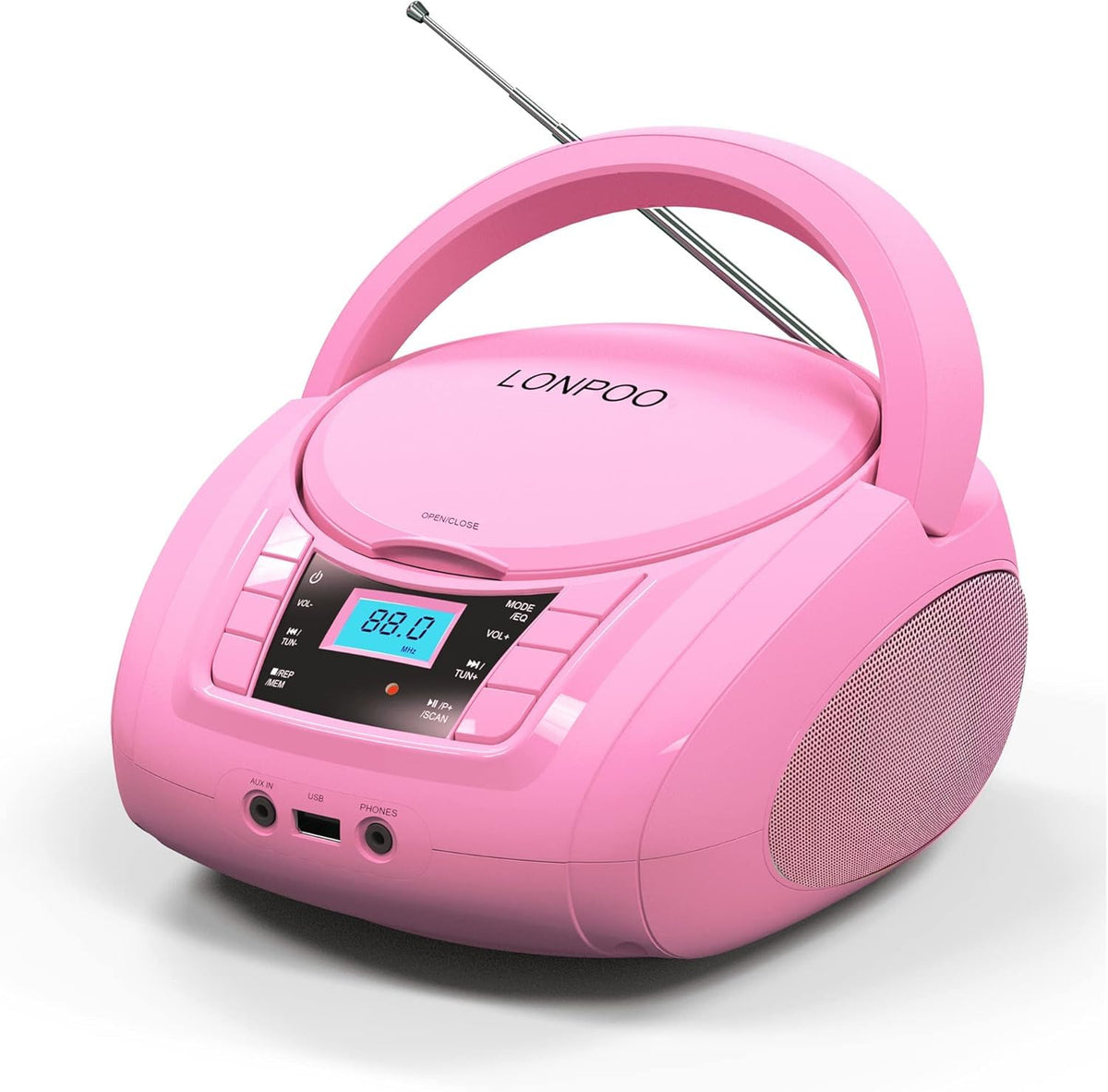 LONPOO front view of pink boombox showing compact stereo and benefit portability