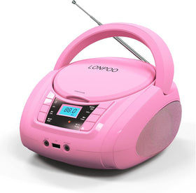 LONPOO front view of pink boombox showing compact stereo and benefit portability