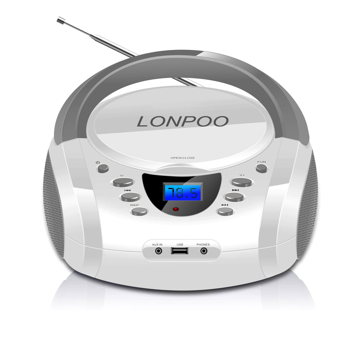 LONPOO front view white boombox showing stereo speakers and clean design for clear sound
