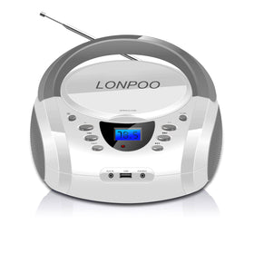 LONPOO front view white boombox showing stereo speakers and clean design for clear sound