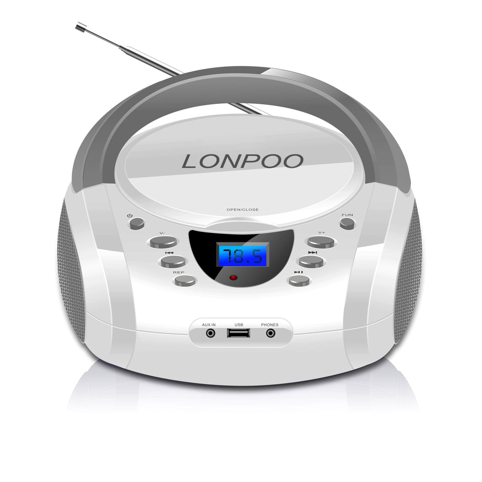 LONPOO front view white boombox showing stereo speakers and clean design for clear sound